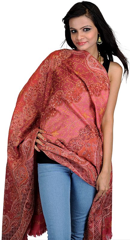 Persian-Red Jamawar Shawl with Woven Paisleys and Needle Embroidery by Hand