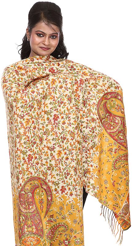 Beeswax-Yellow Stole with Aari Embroidery and Printed Paisleys