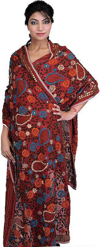 Rio-Red Phulkari Dupatta with Crewel Embroidery and Large Sequins