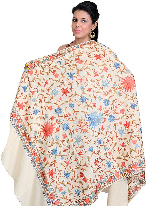 Winter-White Floral Shawl from Kashmir with Aari Embroidery All-Over