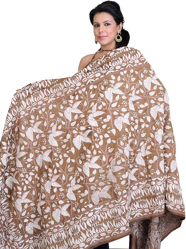 Partridge-Brown Kantha Dupatta with Embroidered Stylized Birds