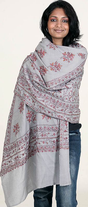 Silver-Gray Tusha Hand-Embroidered Stole from Kashmir