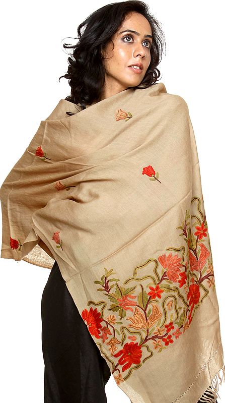 Silver-Sage Kashmiri Stole with Hand-Embroidered Flowers on Border
