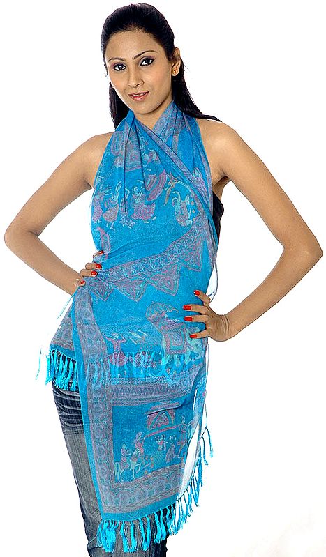 Sky-Blue Scarf with Printed Elephant Procession