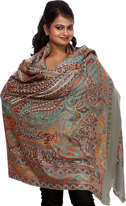 Smoke Gray Carpet Pashmina Shawl with Superfine Heavy Embroidery by Hand