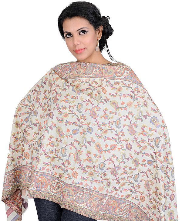 Snow-White Kani Stole with Hand Woven Paisleys