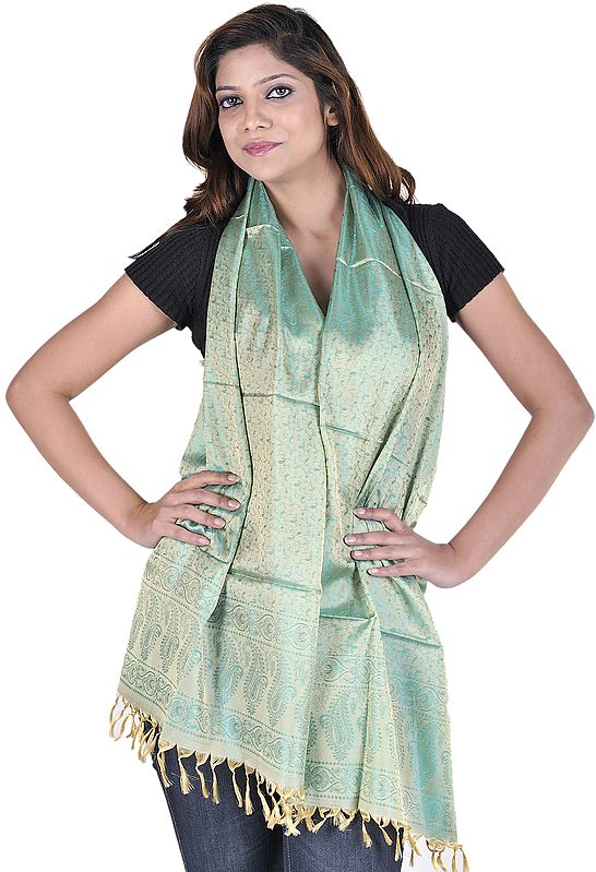 Sprucestone-Green Banarasi Scarf with All-Over Tanchoi Weave