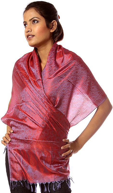 Steel-Blue Banarasi Scarf with Tanchoi Weave in Red