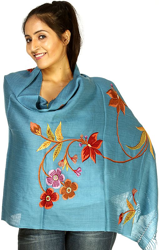 Steel-Blue Kashmiri Stole with Aari-Embroidered Flowers by Hand