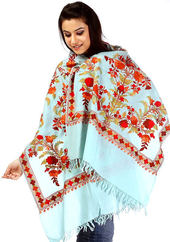 Stratosphere-Blue Phulkari Stole with All-Over Aari Embroidery