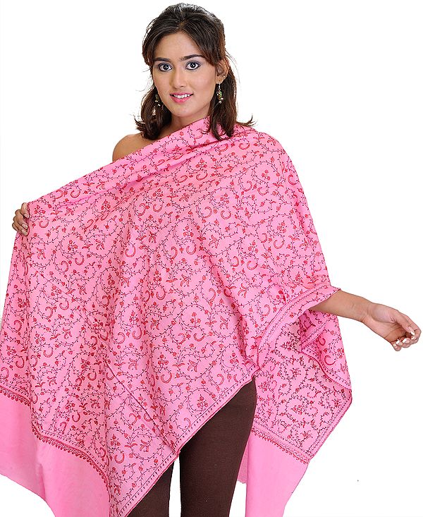 Strawberry-Pink Tusha Stole from Kashmir with Sozni Hand Embroidered Flowers