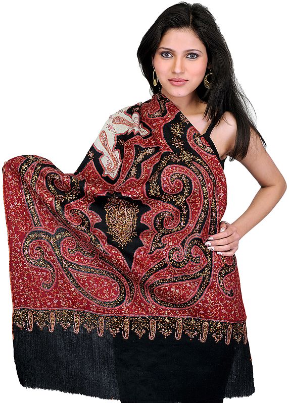 Superfine Black and Tibetan-Red Kashmiri Stole with Sozni Needle Embroidery by Hand