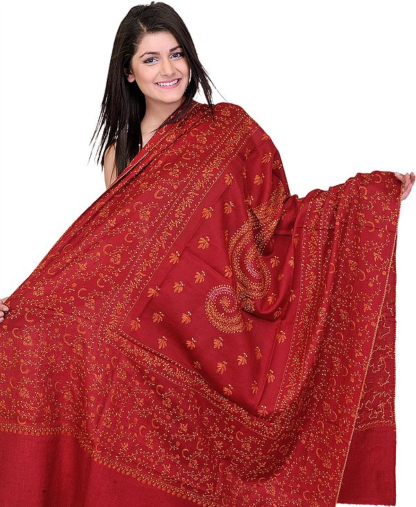 Tawny Port-Red Tusha Shawl with Sozni Embroidery by Hand