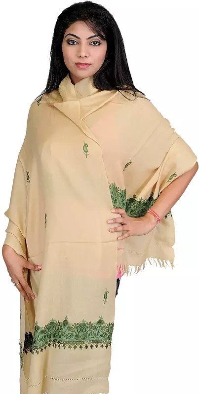 Kashmiri Stole with Crewel Embroidered Booties by Hand