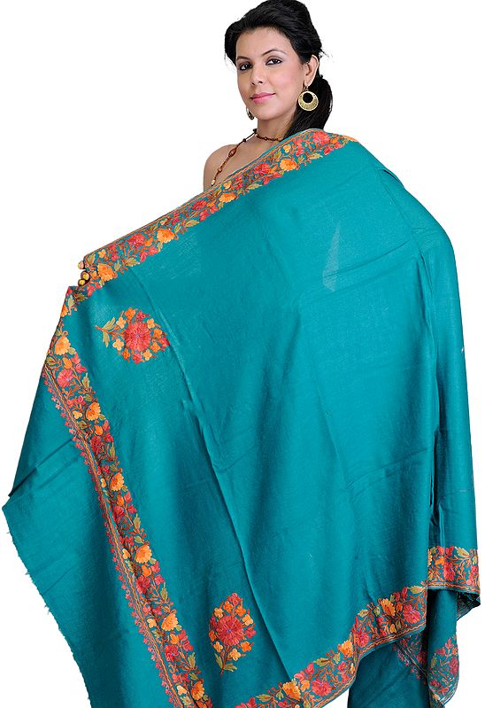 Plain Sea-Green Shawl from Kashmir with Aari Embroidered Flowers
