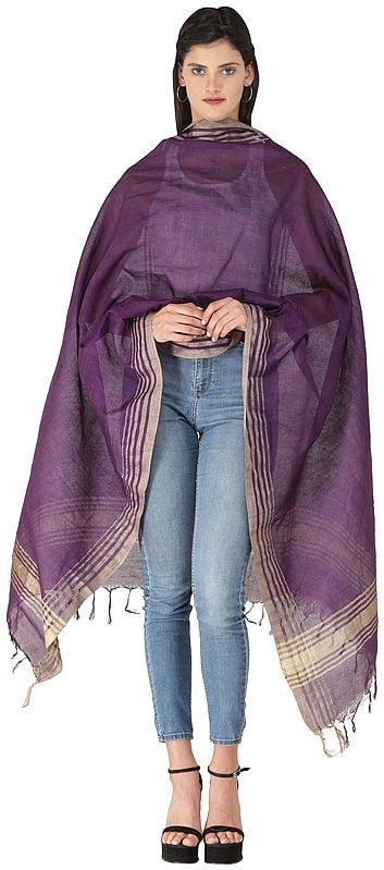 Plain Dupatta from Jharkhand with Woven Stripes on Border