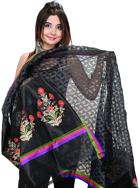 Jet-Black Dupatta from Banaras with Hand-Woven Flowers on Border
