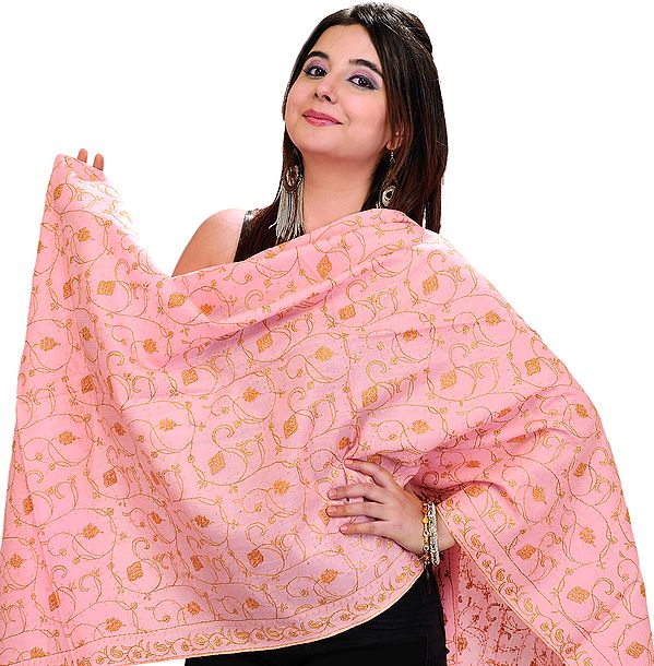 Flamingo-Pink Kashmiri Stole with Sozni Embroidered Flowers By Hand