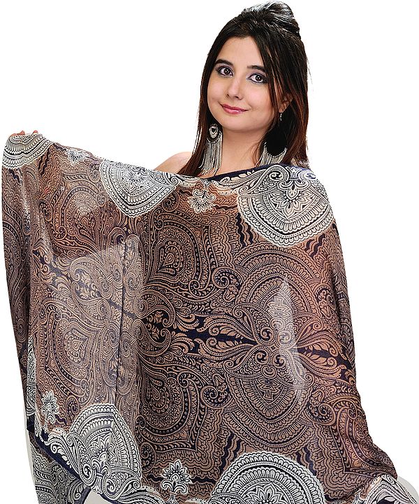 Eclipse-Blue Pure Pashmina Stole from Nepal with Jamawar Print