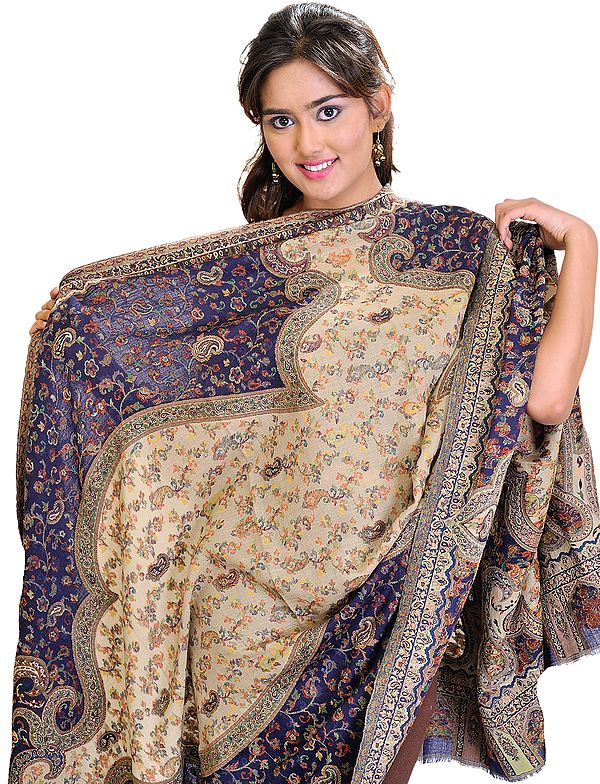 Navy-Blue and Beige Kani Shawl with Woven Paisleys in Multi-Color Thread