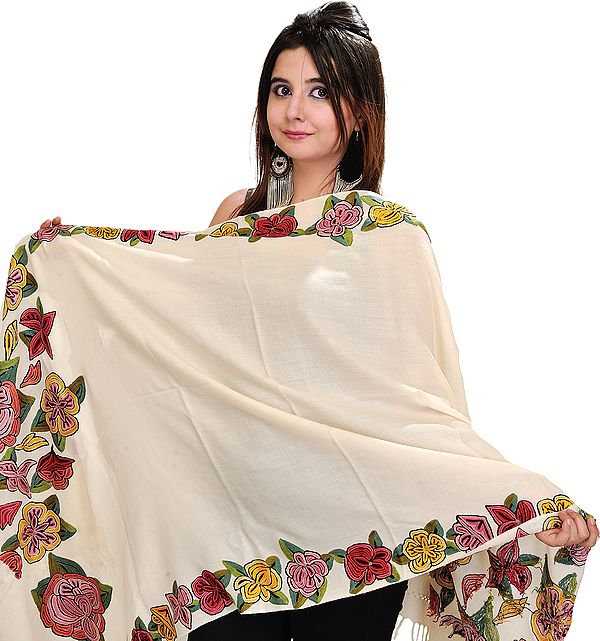 Cloud-Cream Designer Kashmiri Stole with Hand-Embroidered Flowers on Border
