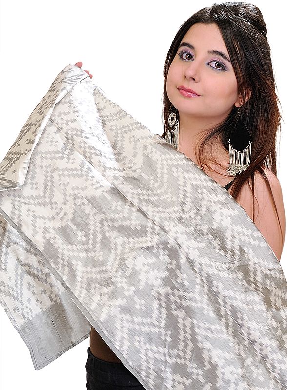 Silver-Gray Handloom Scarf from Pochampally with Ikat Weave