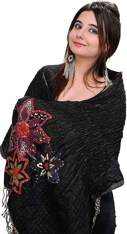 Jet Black Stole with Crewel Embroidered Flowers on Border