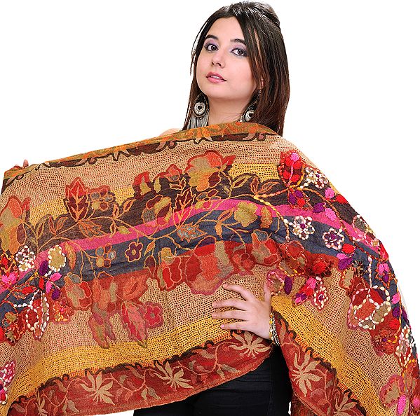 Multi-Color Jamawar Stole with Crewel Embroidered Flowers