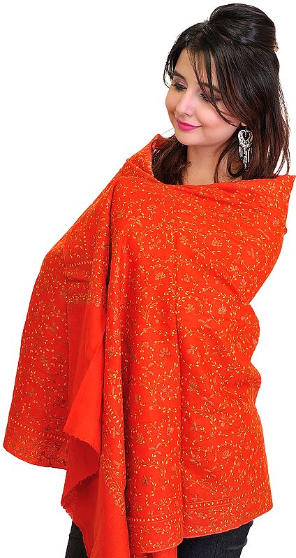 Mandarin-Orange Tusha Stole from Kashmir with Sozni Hand Embroidered Flowers