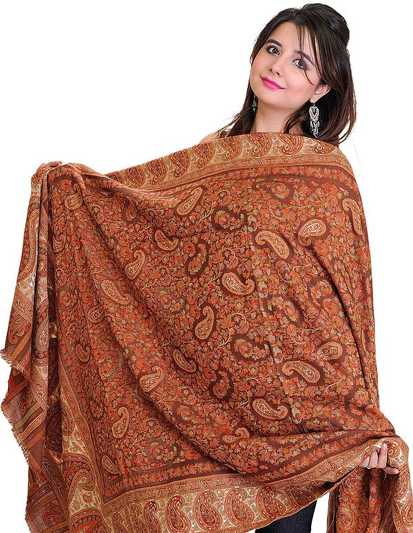 Pecan-Brown Kani Shawl with Woven Paisleys in Multi-Colored Thread