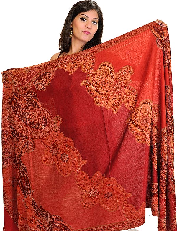 Rio-Red Jamawar Shawl from Amritsar with Woven Flowers