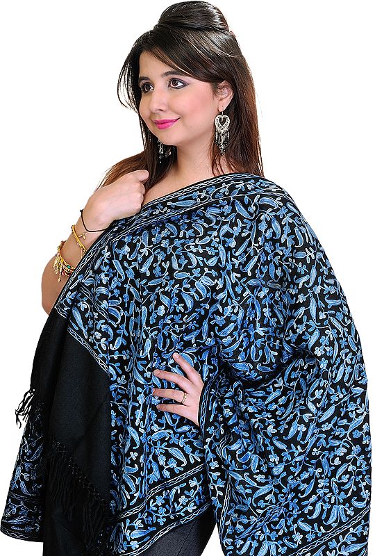 Jet-Black Stole from Amritsar with Aari Embroidered Paisleys All-Over