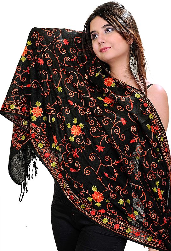 Jet-Black Kashmiri Stole with Crewel Embroidered Flowers