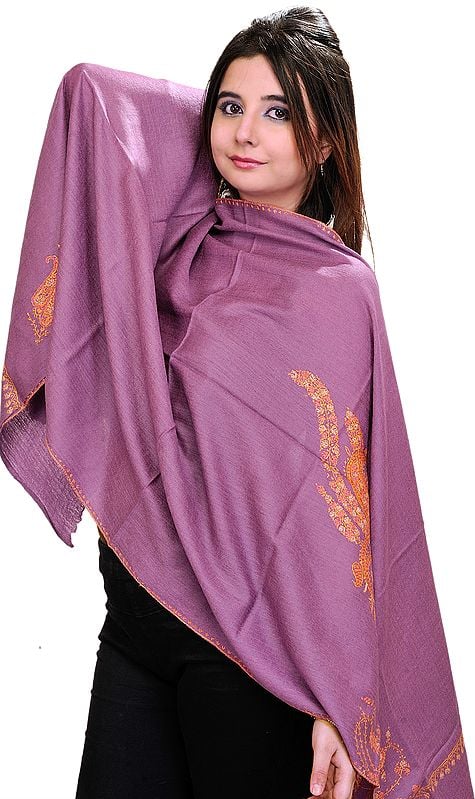 Meadow-Mauve Stole from Kashmir with Sozni Hand-Embroidered Paisleys