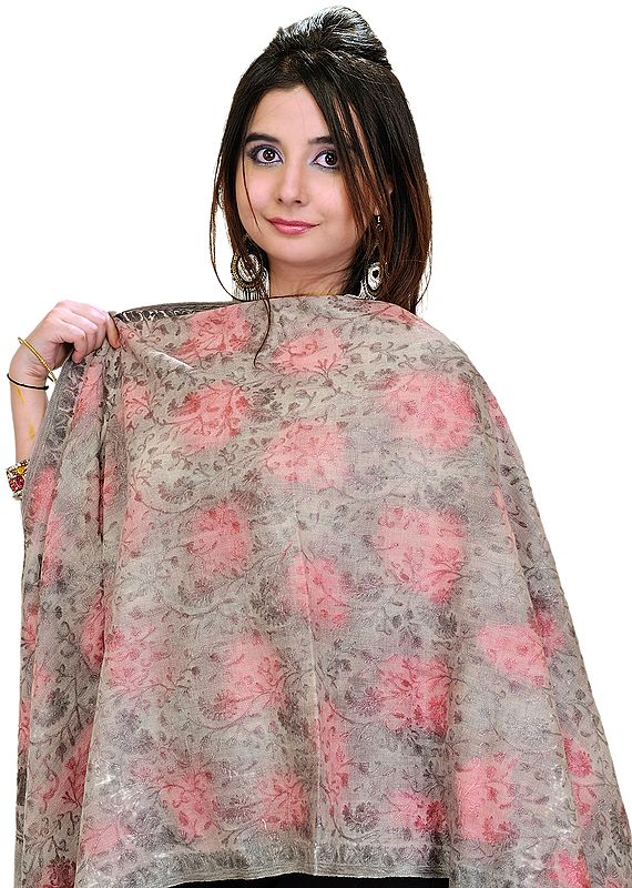 Feather-Gray and Pink Stole from Amritsar with Aari Embroidered Flowers