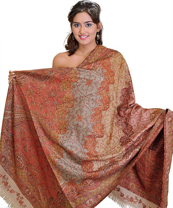 Burnt-Red and Gray Jamawar Shawl from Amritsar with Needle Embroidery by Hand