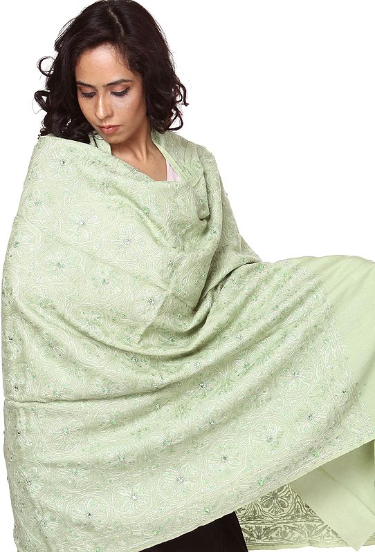 Swamp-Green Shawl with Aari Embroidery and Sequins