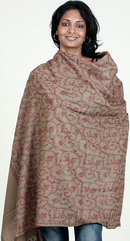 Swamp-Green Tusha Shawl from Kashmir with Jaal Embroidery