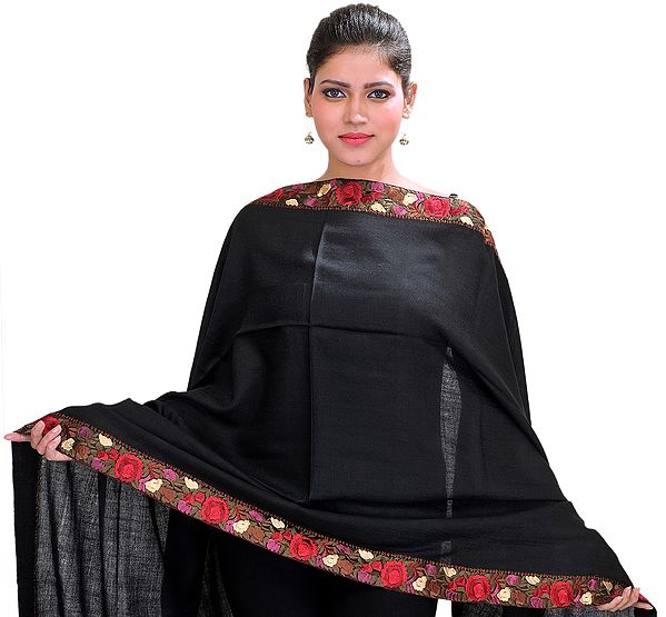 Plain Stole from Amritsar with Embroidered Floral Patch Border