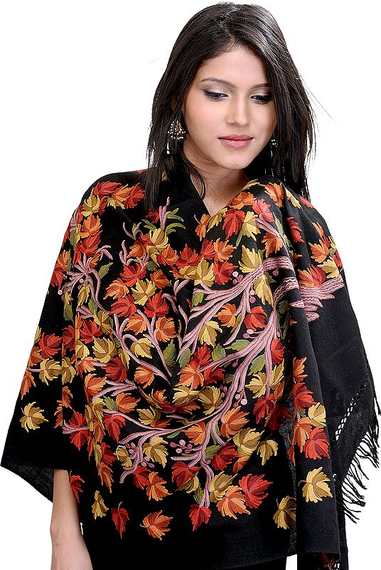Jet-Black Kashmiri Stole with Hand-Embroidered Tree of Life