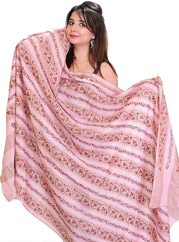 Begonia-Pink Tusha Shawl from Kashmir with Sozni Embroidery by Hand