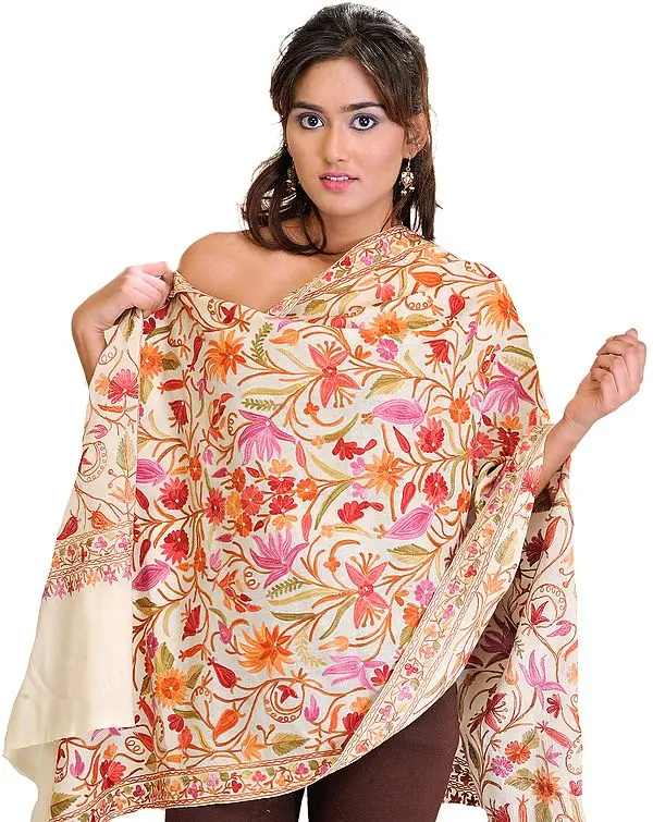 Vanilla-Ice Aari Embroidered Stole from Kashmir