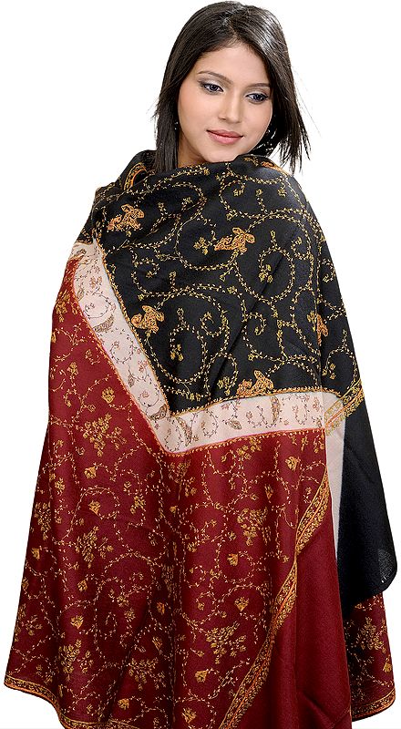 Black and Red Kashmiri Shawl with Sozni Embroidered Flowers