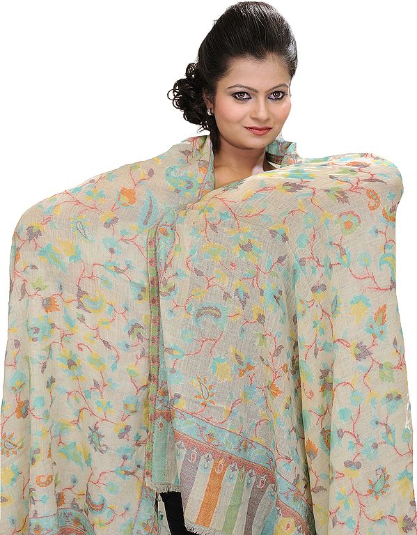 Pristine-White Kani Shawl with Woven Paisleys in Multi-Colored Thread