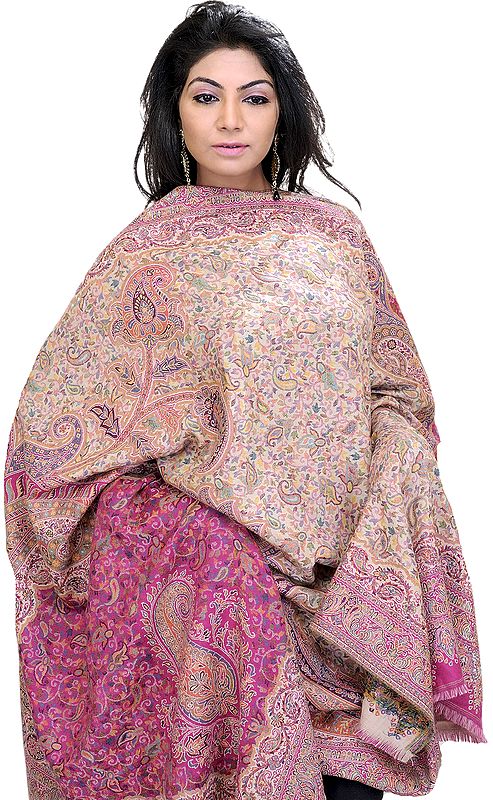 Mauve and Cream Kani Shawl with Woven Paisleys in Multi-Colored Thread