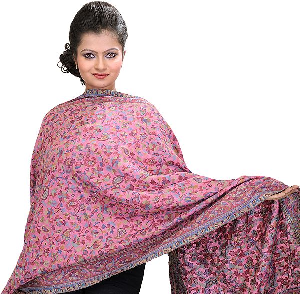 Strawberry-Pink Kani Stole with Woven Paisleys in Multi-Colored Thread
