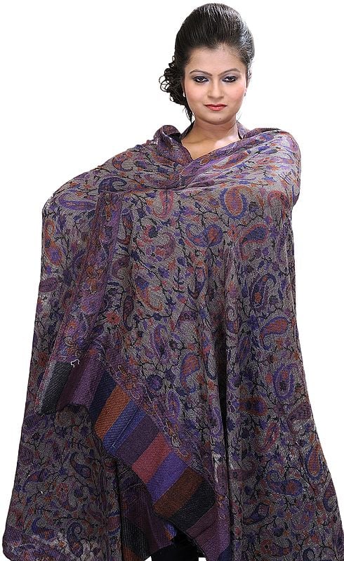 Moonlight-Gray Cashmere Kani Shawl with Woven Paisleys in Multi-Colored Thread