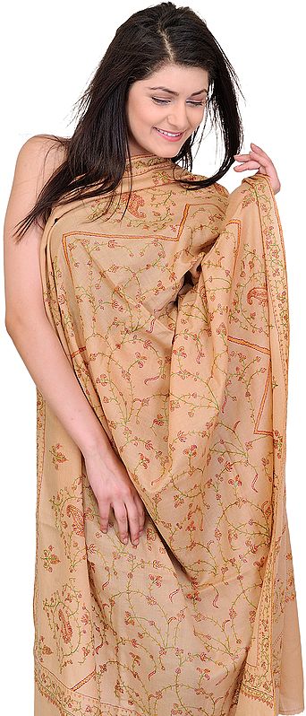 Almond-Buff Shawl from Kashmir with Sozni Hand Embroidered Flowers