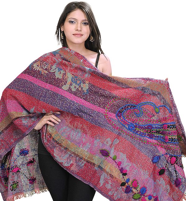 Multi-Color Jamawar Stole with Crewel Embroidered Paisleys