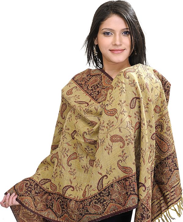 Beige and Maroon Reversible Jamawar Stole with Woven Paisleys